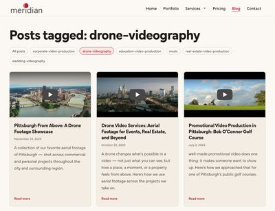 The blog page of Meridian Media's website, filtered to posts tagged as drone videography.