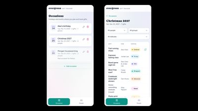 Evergreen Gift Tracker app screens showing occasions and gift tracking