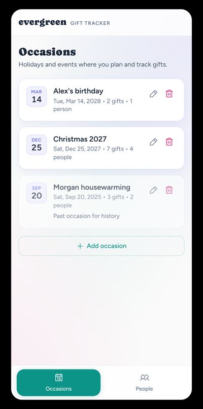 Evergreen Gift Tracker occasions list